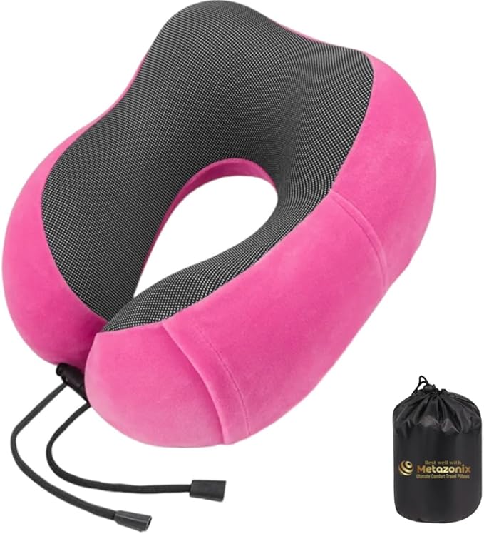 Travel Pillow - 100% Memory Foam - Travel Pillows for Airplane - Neck Pillow Airplane and Car Use - Memory Foam Travel Neck Pillow - Travel Essentials for Women and Men (Bubble Gum Pink)