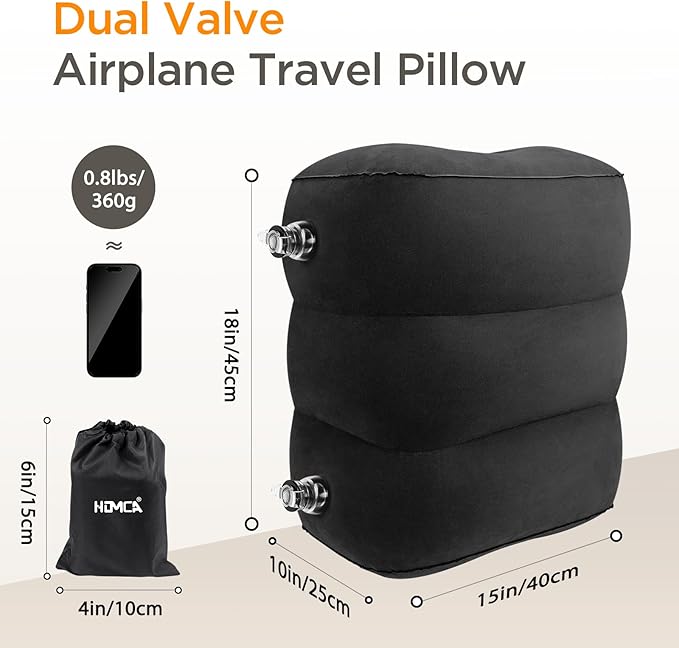 HOMCA Inflatable Travel Foot Rest Pillow (2-Pack) Adjustable Height Leg Pillow Fast Inflating Airplane Bed for Toddlers Footrest Pillow for Office, Airplane, Train, Cars, Home (Black)