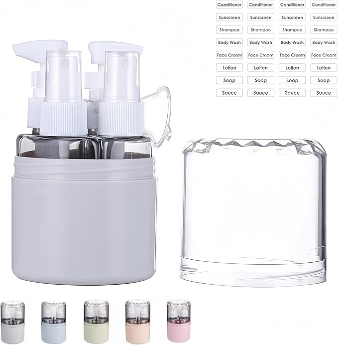 CLOUDEMO Mini Shampoo Dispenser Portable Travel Bottle Set, 2-in-1, 3-in-1, 4-in-1 Mini Dispenser Portable Travel Set, Leak Proof Refillable Travel Containers with Labels (Gray,4 in 1)
