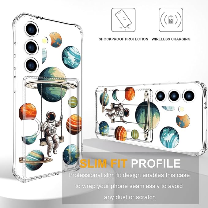 Compatible with Samsung Galaxy S24+ Plus / S25+ Plus Case Card Holder for Women Cute Design,Wallet Phone Cases Transparent Cool Kawaii Protective (Clear Astronaut Space Planets)