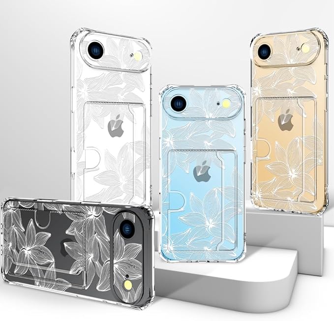 Compatible with iPhone 17 Air Case Card Holder for Women Cute Design,Wallet Phone Cases Transparent Cool Kawaii Protective (Clear Flower White)