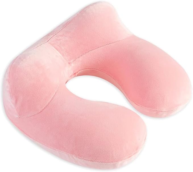 Inflatable Travel Pillow, Neck Pillow Support for Traveling, Airplanes, Cars, and Offices with Compact Carrying Bag, Soft Velvet Washable Cover, Ideal for Adult Sleepers (Pink)