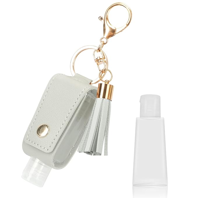 Unaone 1oz/30ml Hand Sanitizer Holder Travel Size,Empty Bottles Leather Sanitizer Holder with Keychain Portable Small Squeeze Bottle Refillable Container for Toiletry Lotion Liquid Soap Shampoo Grey