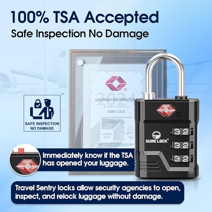SURE LOCK TSA Approved Luggage Lock – 3-Digit Resettable Combination Padlock with Open Alert Red Dot, Large Easy-Read Dials for Suitcases, Backpacks, Gym & School Lockers (Black 4 pk)