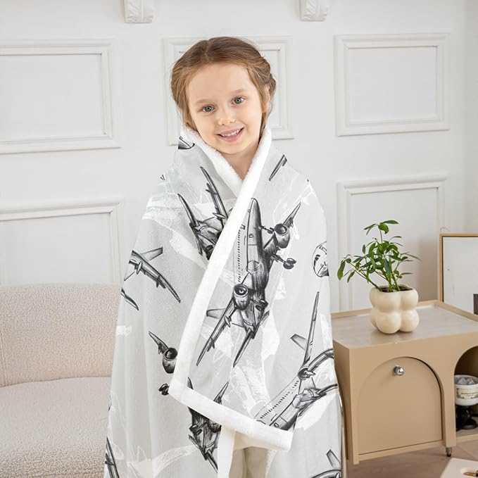 Airplane Kids Throw Blanket,American Aircraft Toddler Bed Blanket for Girls Boys Adults,Hand-Painted Sketch Airplane Fleece Blanket,Black White Fashion Fuzzy Blanket,40 x 50 Inches