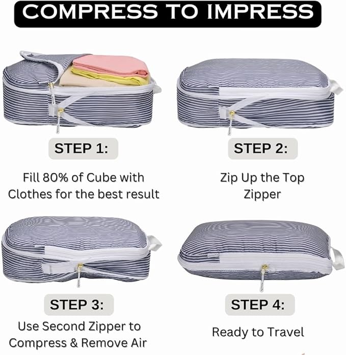 Packing Cubes Luggage Organizer Bags for Suitcase & Backpack, Compression Packing Cubes for Travel, Lightweight Luggage Organizers, Travel Cubes for Packing, Vacation Essentials, 3pc Set - Grey Stripe