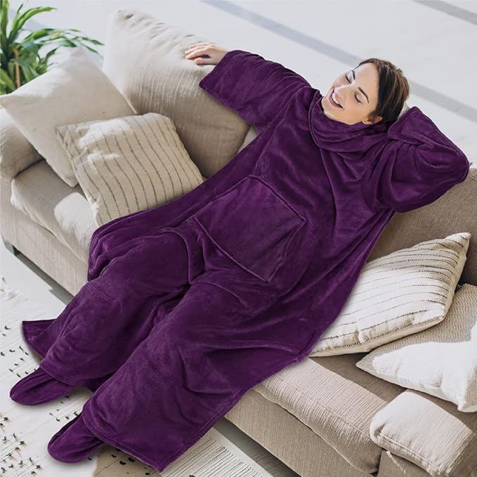 PAVILIA Fleece Blanket with Sleeves, Foot Pockets for Women Men Adults, Plush Wearable Blanket Throw Wrap, Warm Snuggle Blanket Robe, Cozy Gift Ideas Wife Mom, Dark Purple