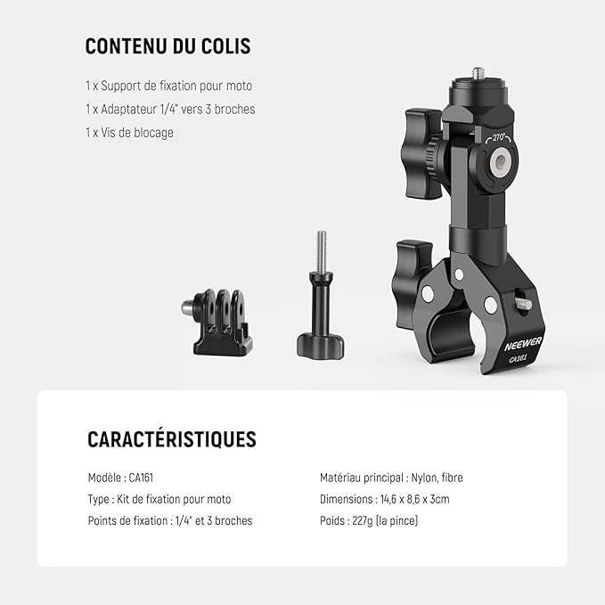 NEEWER Motorcycle Bike Handlebar Clamp Mount, Heavy Duty Clip Holder, 1/4" Screw & 3 Prong Adapter Compatible with Insta360 X5 X4 GoPro Hero 13 12 POV Video Recording, 360° Rotation & 270° Tilt, CA161