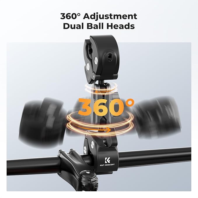 K&F CONCEPT Dual Super Clamp Camera Mount with 360° Ball Head, Bike/Motorcycle Handlebar Mount for Pole, Tripod, Desk, Flag, Umbrella