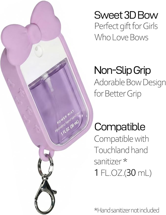 Silicone Bow Case Compatible with Touchland Hand Sanitizer Spray 1 oz (30 mL), Cute Holder with Keychain Clip, Gift for Girls