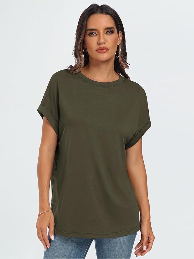 AUTOMET Women's Oversized Short Sleeve T Shirts Casual Drop Shoulder Rolled Cuff Summer Tops for Work, Travel and Lounge