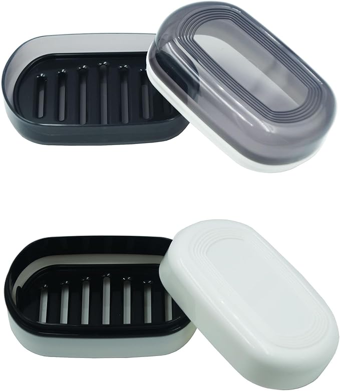 2 Pack Travel Soap Case Holder,Portable Soap Box with Draining Layer for Shower,Bathroom,Camping,Hiking,Gym (Black and White)