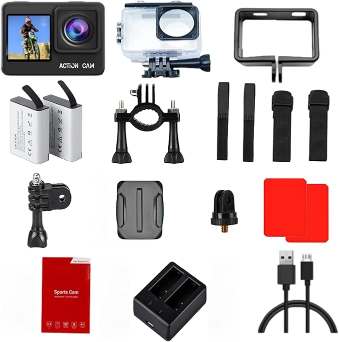Action Camera FHD 1080P 16MP with 32GB Memory Card - 131FT/40M Waterproof Dual Screen Sports Camera,2X Batteries & Multifunctional Accessories Kit for Helmet, Bicycle