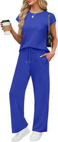 WIHOLL 2 Piece Sets for Women Casual Summer Travel Vacation Outfits Cap Sleeve Lounge Set