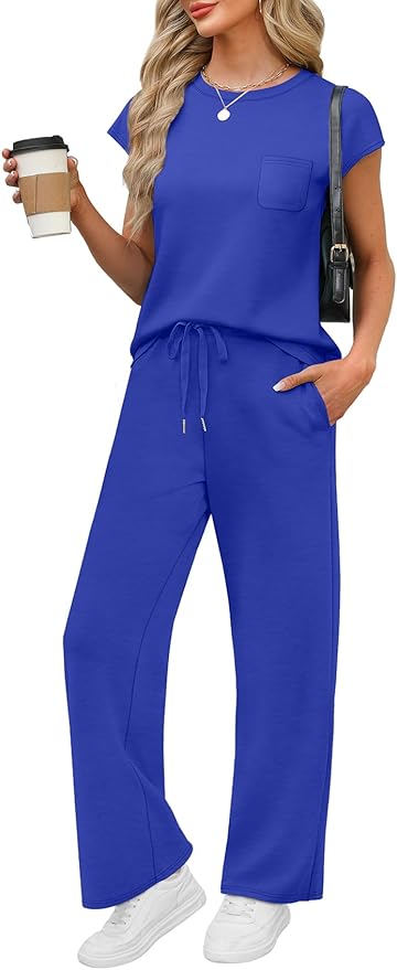 WIHOLL 2 Piece Sets for Women Casual Summer Travel Vacation Outfits Cap Sleeve Lounge Set