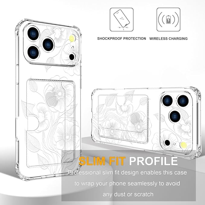 Compatible with iPhone 17 Pro Max Case Card Holder for Women Cute Design,Wallet Phone Cases Transparent Cool Kawaii Protective (Clear Seamless Abstract Flower)
