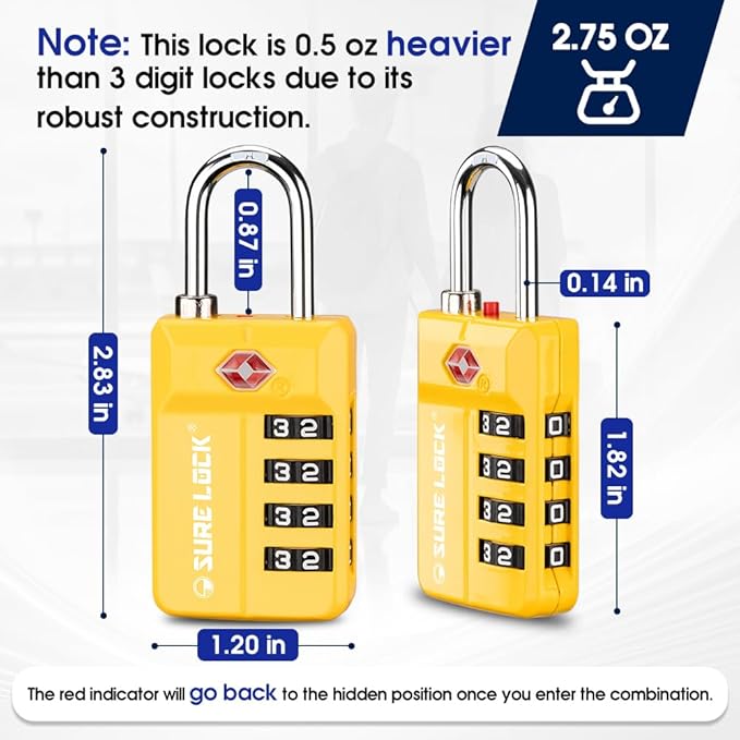 SURE LOCK TSA-Approved 4-Digit Resettable Combination Lock with Open Alert, Easy-Read Dials - for Luggage, School Lockers, Gym, Office, Toolbox & Security Cases (Yellow 2 Pack)