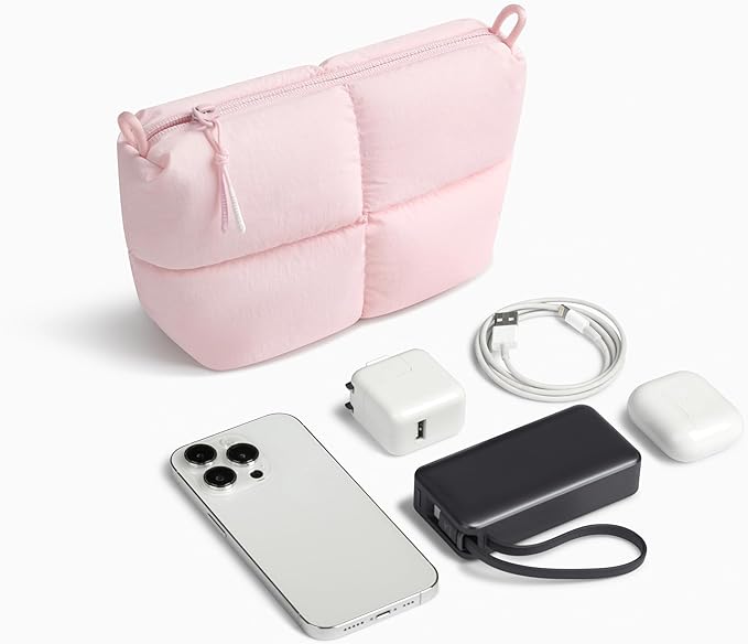 Comfyable Puffy Electronics Organizer Travel Case, Cute Tech Pouch for Women Men, Cable Storage Bag for Charger, Phone, Power Bank, Cord, Compact Tech Accessories Pouch, Light Pink