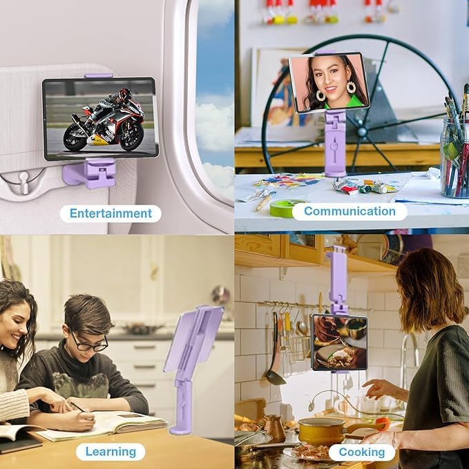 Universal Airplane Tablet Holder, Handsfree Travel Essential Tablet Mount with Multi-Directional 360 Degree Rotation for Flying, Compatible with iPad/Galaxy Tabs, Purple (Only Fits 7–11" Tablets)