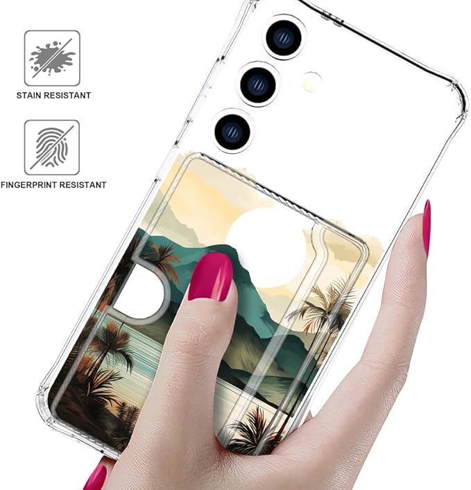 Compatible with Samsung Galaxy S24+ Plus / S25+ Plus Case Card Holder for Women Cute Design,Wallet Phone Cases Transparent Cool Kawaii Protective (Clear Ocean Sun Mountains Sunset)