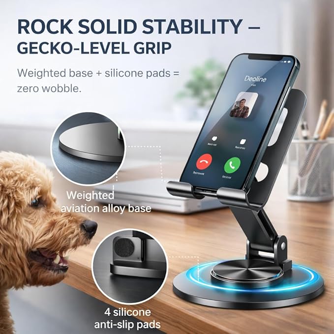 Mizi Universal Metal Phone Stand - 360°/720° Adjustable Rotation Desk Holder, Foldable & Stable with Non-Slip Weighted Base, Compatible with iPhone 17/16/15/14/13/12 Pro Max & All Smartphones - Grey