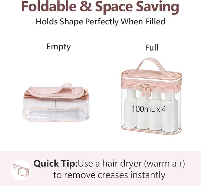 PACKISM TSA Approved Toiletry Bag 2 Pack - Quart Size Clear Makeup Bag with Handle & Dual Metal Zippers, Large Opening 3-1-1 Airline Compliant Security Travel Organizer for Carry On Liquids, Pink