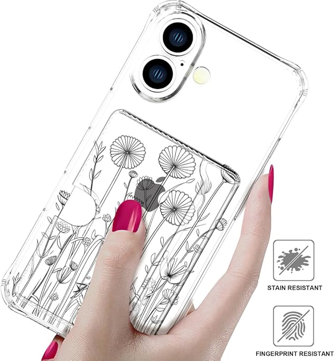 Compatible with iPhone 16 Plus Case Card Holder for Women Cute Design,Wallet Phone Cases Transparent Cool Kawaii Protective (Clear Black Flower Bouquet)