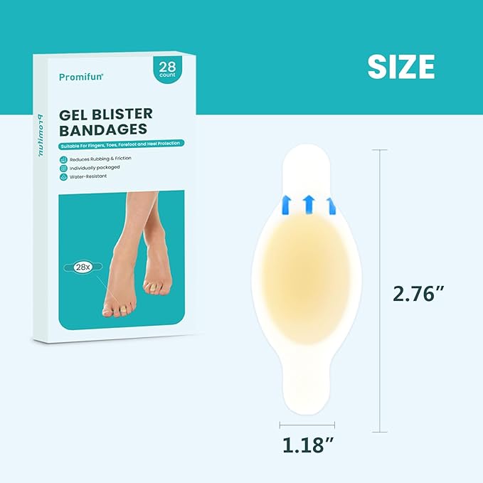 Promifun Blister Bandages Blister Pads - 28 ct Blister Cushions - Water Resistant Hydrocolloid Bandage for Foot, Toe, Heel - Gel Blister Bandages for Prevention & Recovery, Toe Pack