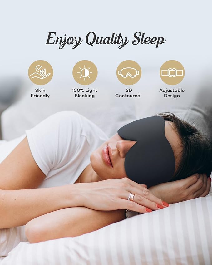 Sleep Eye Mask for Men & Women, 3D Contoured Full Blackout Eye Mask for Sleeping, Pressure-Free Soft with Adjustable Strap, Night Blindfold for Travel, Shift Work & Nap, Midnight Black
