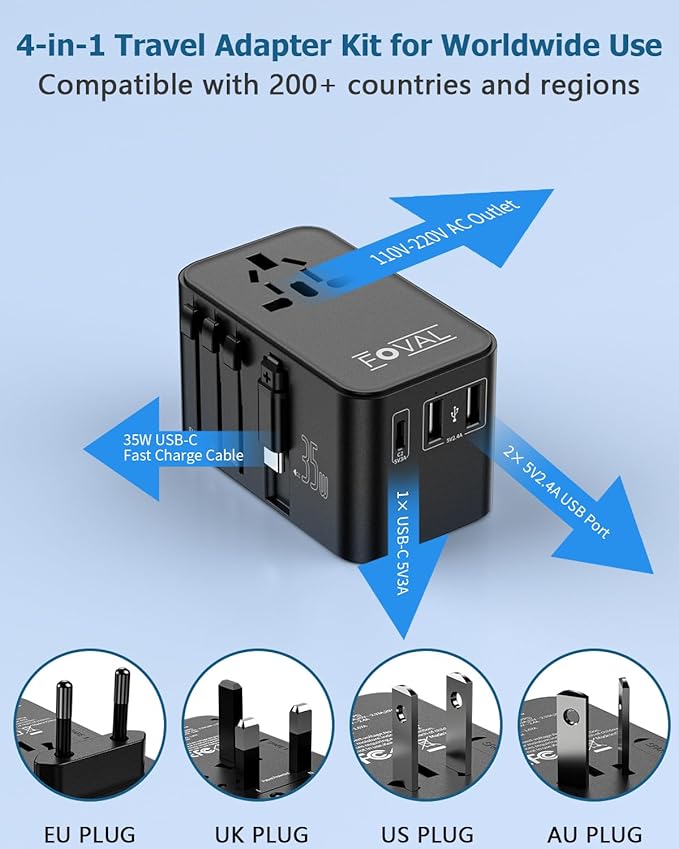 FOVAL European Travel Plug Adapter, Universal Travel Adapter with Retractable USB C Cable, All-in-one International Power Adapter for Europe Italy UK US AUS (35W)