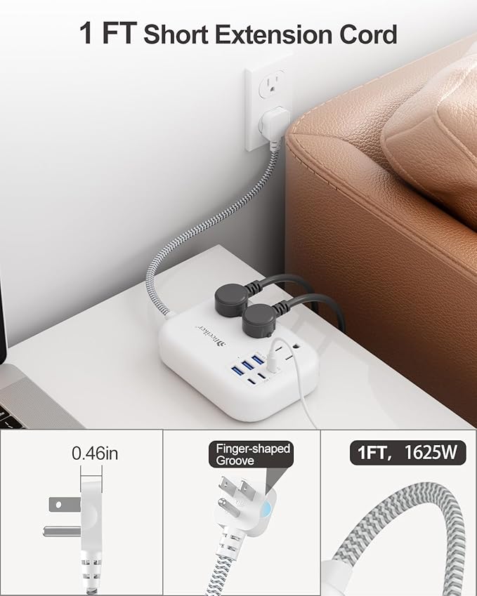 Beeiker Short Extension Cord 1 Ft- 6 USB(3 USB C) Travel Power Strip with 24W USB Charging Station and 3 Outlets, 1Ft Small Flat Plug Extension Cord Surge Protector for Travel Home College Dorm 1625W