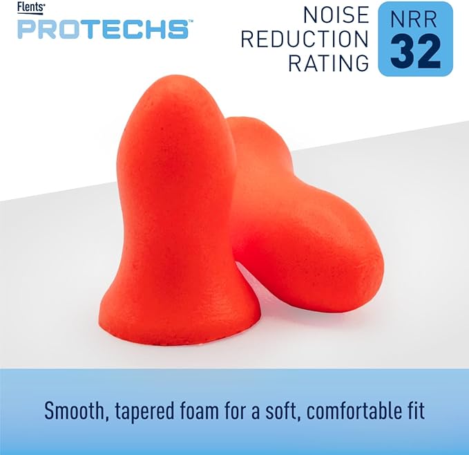 Flents Protechs Foam Ear Plugs, Contoured for Comfort, Ideal for Work with Loud Noise, Heavy Machinery, Construction, Studying & Traveling, NRR 32, Orange, Easy to Use, 100 Pair