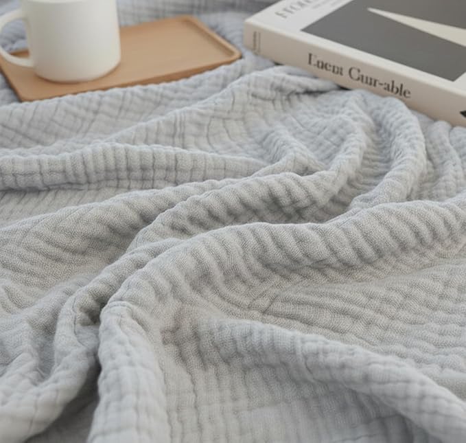 KyraHome 100% Organic Cotton Throw Blanket, 90x104 King Size Muslin Blankets for Adults, Couch, Plant Dyed, Breathable Lightweight Gauze Bed Throw Blanket All Season, Light Grey,