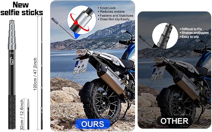 Taisioner Aluminum Alloy Motorcycle Handlebar Mount Double Clamp Locking Anti-Fall, 47" Invisible Selfie Stick for Insta360 X5/X4/X3/X2/ONE RS/GO 2/3 Hero 13-7 DJI Camera