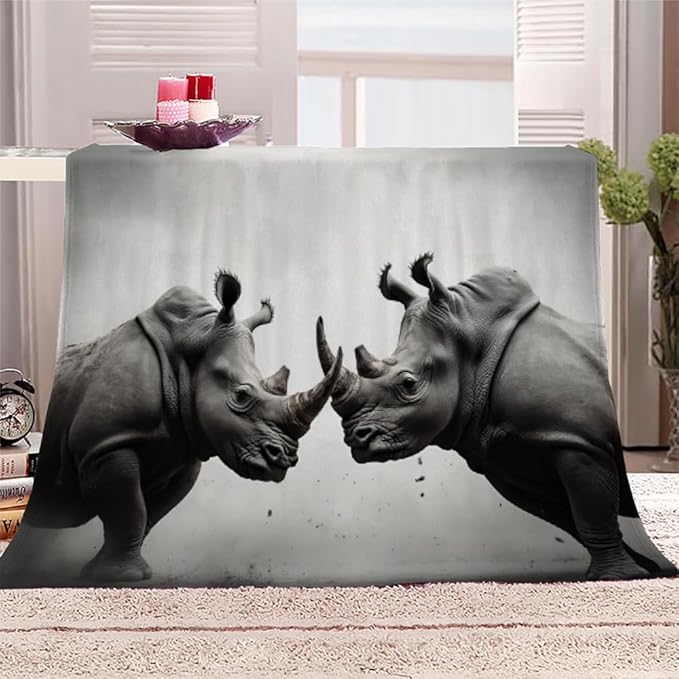 Rhinoceros Blanket Twin Size, African Animal Fleece Blanket for Couch Bed Sofa, Wild Animals Blankets and Throws, Dimgray Super Soft Cozy Plush Flannel Blanket 70x90, Decor & Gift