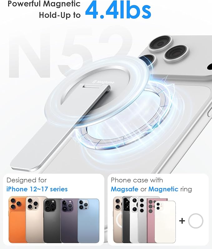 Magtame Magnetic Phone Stand for Magsafe, Ultra-Slim Snap-on Phone Holder Kickstand,180° Adjustable Angle Damping Design Cellphone Grip, Silver