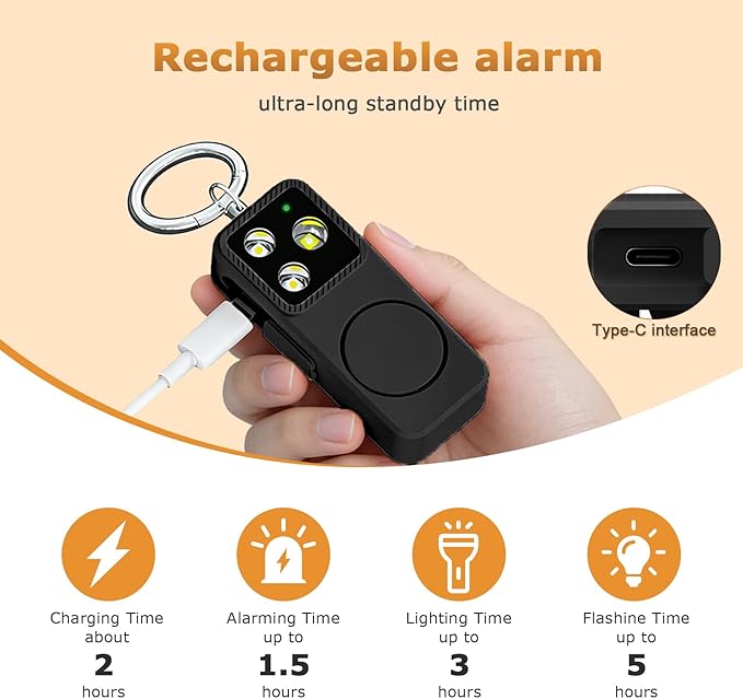 Rechargeable Personal Safety Alarm for Women, 150dB Emergency Siren with Strobe Light, Keychain Safety Alarm with Pull Pin, Compact Self Defense Alarm for Walking, Travel, College and Everyday Carry