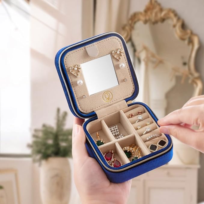 ZPROW Plush Velvet Travel Jewelry Case, Travel Jewelry Organizer, Jewelry Travel Case, Travel Jewelry Box, Small Jewelry Case for Women, Jewelry Travel Box, Earring Organizer with Mirror - Navy Blue