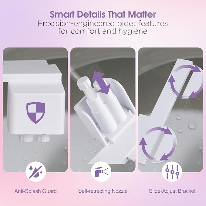 Jamini Ultra-Slim Detachable Bidet Attachment for Toilet – Non-Electric Cold Water, Self-Retraction Dual Nozzles, Step-less Pressure Dial, Dedicated Cleaning Mode, CA65 Certified
