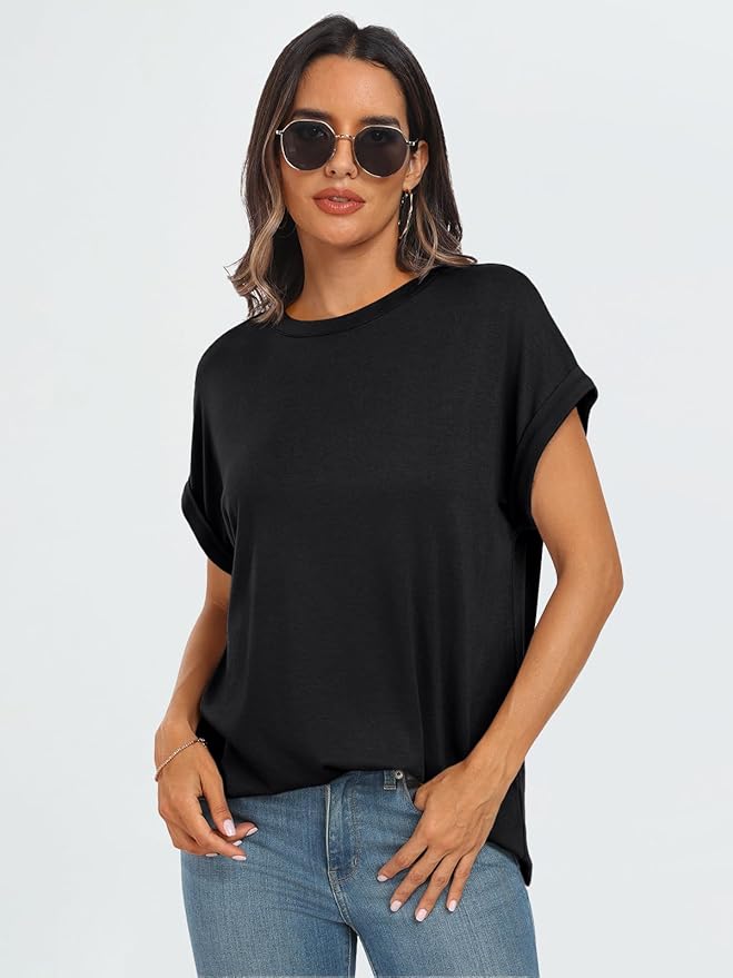 AUTOMET Women's Oversized Short Sleeve T Shirts Casual Drop Shoulder Rolled Cuff Summer Tops for Work, Travel and Lounge