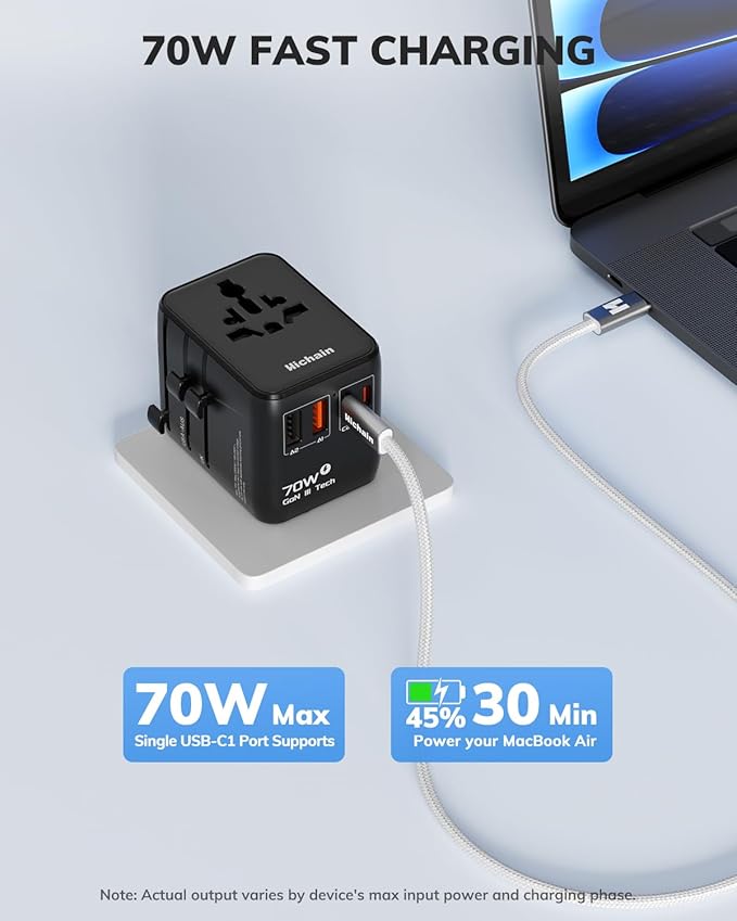 Hichain 70W GaN Universal Travel Adapter, European Travel Plug Adapter 2 USB-A & 2 USB-C Fast Charging Travel Adapter All-in-one International Power Adapter for USA EU UK AUS Travel Essentials Black