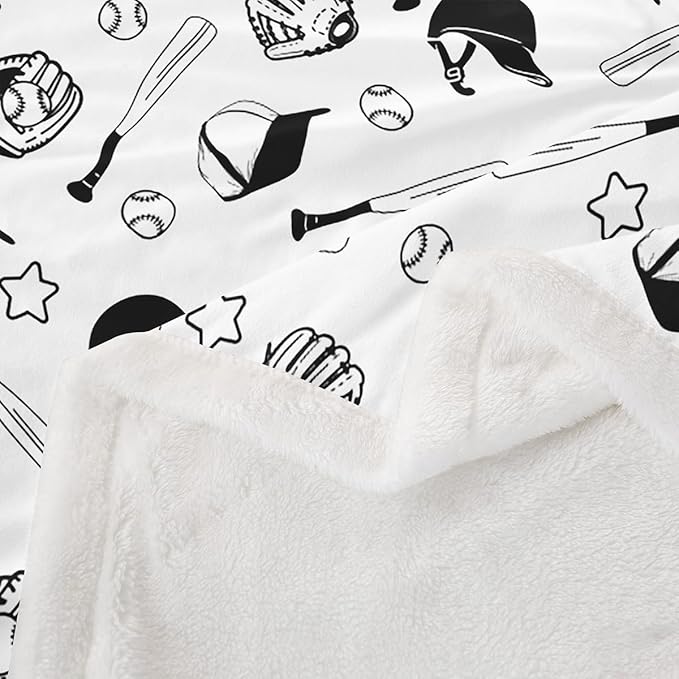 Baseball Kids Throw Blanket,Baseball Bat Glove Cartoon Bed Blanket for Girls Boys Adults,Stars Ball Sports Games Fleece Blanket,Black White Fashion Fuzzy Blanket,Twin Size (60 x 80 Inches)
