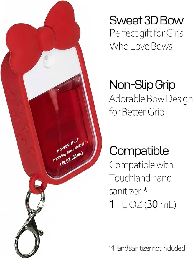 Silicone Bow Case Compatible with Touchland Hand Sanitizer Spray 1 oz (30 mL), Cute Holder with Keychain Clip, Gift for Girls