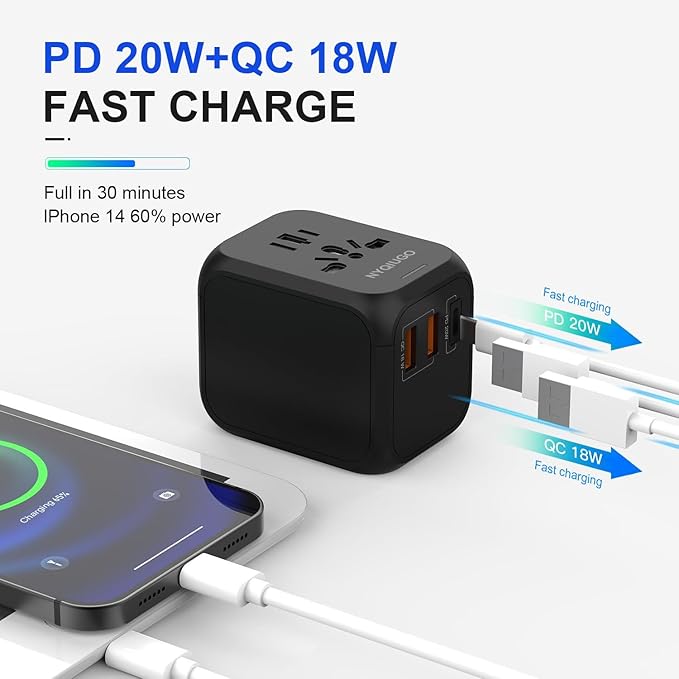NYQIUGO Universal International Power Travel Plug Adapter with 3 USB Ports (1 USB C), Worldwide Plug Adaptor Wall Charger for USA to Europe UK France Germany Spain Ireland Australia (Type C/G/A/I)