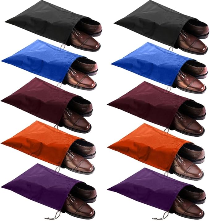 10 Pack Waterproof Nylon Shoe Bags Travel Bags for Men Women (10, Black/Blue/Wine Red/Orange/Purple, 15.1"(L)*12.2"(W))
