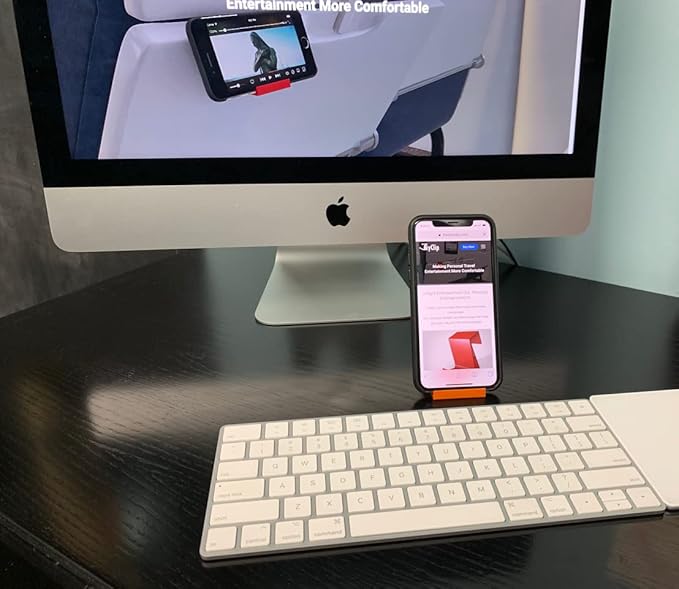 The SkyClip Airplane Cell Phone Back of Seat Inflight Tray Table Clip and Sturdy Phone Stand, Compatible with iPhone, Android, Tablets, and Readers, Travel Must Have (Logo - 2 Pack)