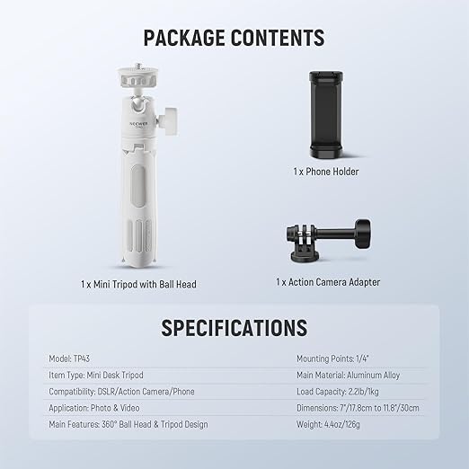 NEEWER Basics Mini Desk Selfie Stick Tripod Compatible with iPhone GoPro Insta360 DJI, Portable Small Camera Webcam Android Cell Phone Holder Ball Head Elevated Axis Video Recording Stand, TP43 White