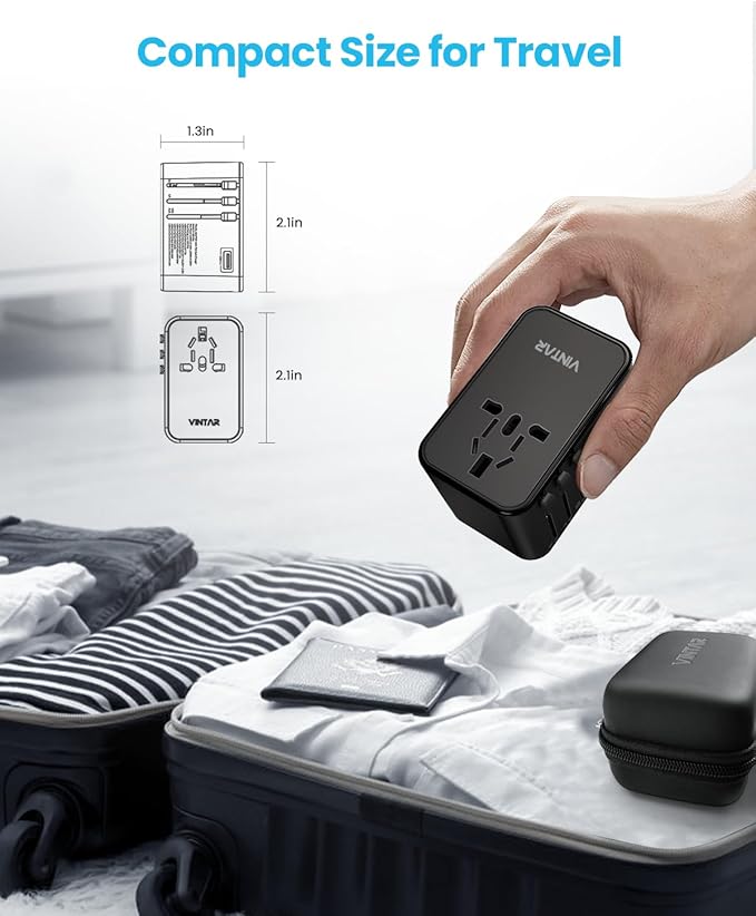 Universal Travel Adapter, VINTAR 75W GaN International Power Adapter with 3 USB-C PD and 2 USB-A QC Charging Ports, All-in-one Outlet Converter Wall Charger for Europe UK USA AUS(Type C/G/A/I), Black