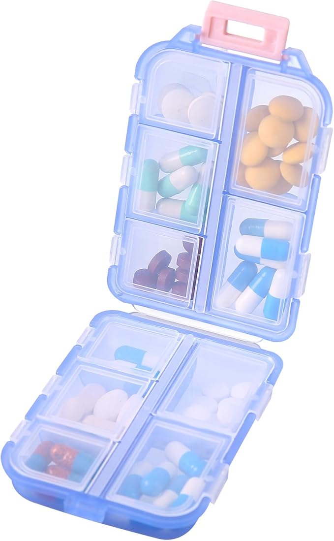 1Pack Travel Pill Organizer - 10 Compartments Pill Case, Compact and Portable Pill Box, Perfect for On-The-Go Storage, Pill Holder for Purse Blue