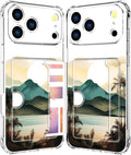 Compatible with iPhone 17 Pro Max Case Card Holder for Women Cute Design,Wallet Phone Cases Transparent Cool Kawaii Protective (Clear Ocean Sun Mountains Sunset)